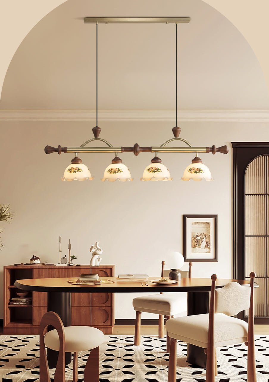 Art Deco Floral Glass Pendant Light with Walnut Wood and Gold Accents
