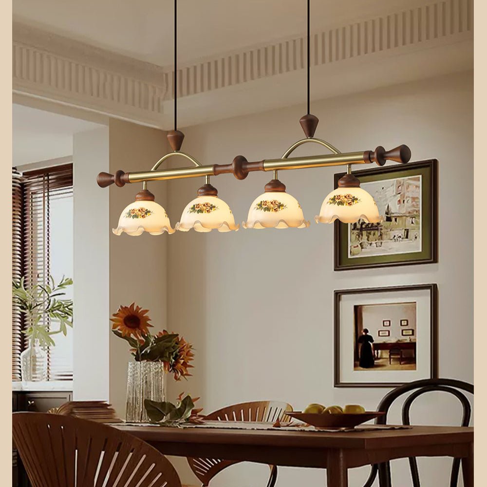 Art Deco Floral Glass Pendant Light with Walnut Wood and Gold Accents