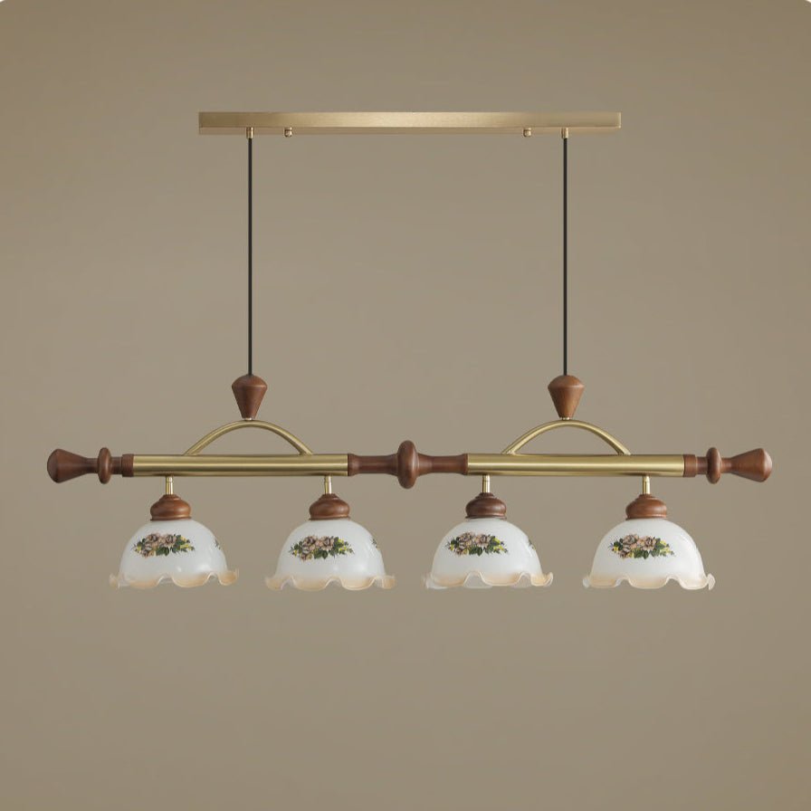 Art Deco Floral Glass Pendant Light with Walnut Wood and Gold Accents
