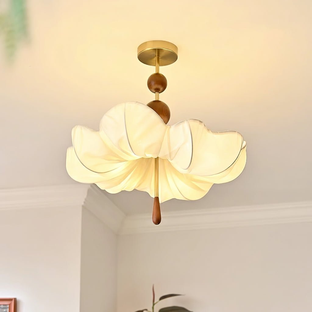 Floralis Fabric Ceiling Light in Walnut and Brass – Modern Flush Mount for Living Room and Bedroom