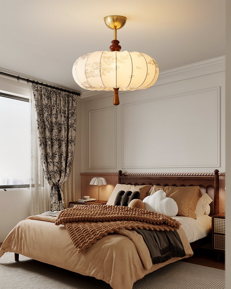 Floravelle Lantern Semi Flush Mount Ceiling Light in Walnut and Ivory