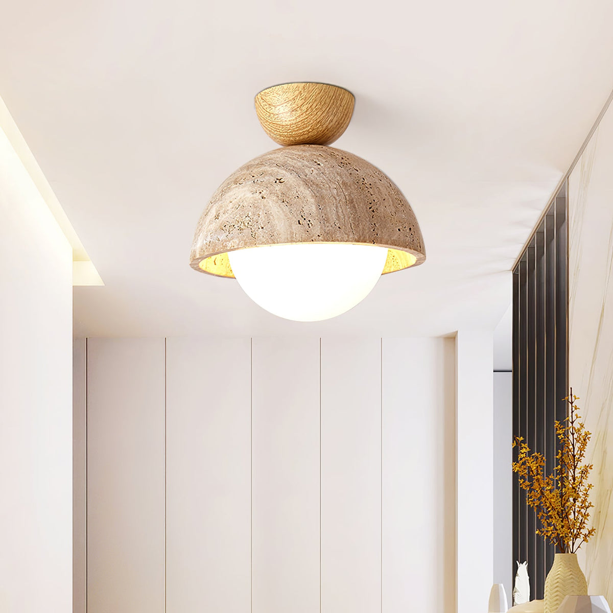 Flore Travertine Bud Ceiling Light — Natural Stone Flush Mount