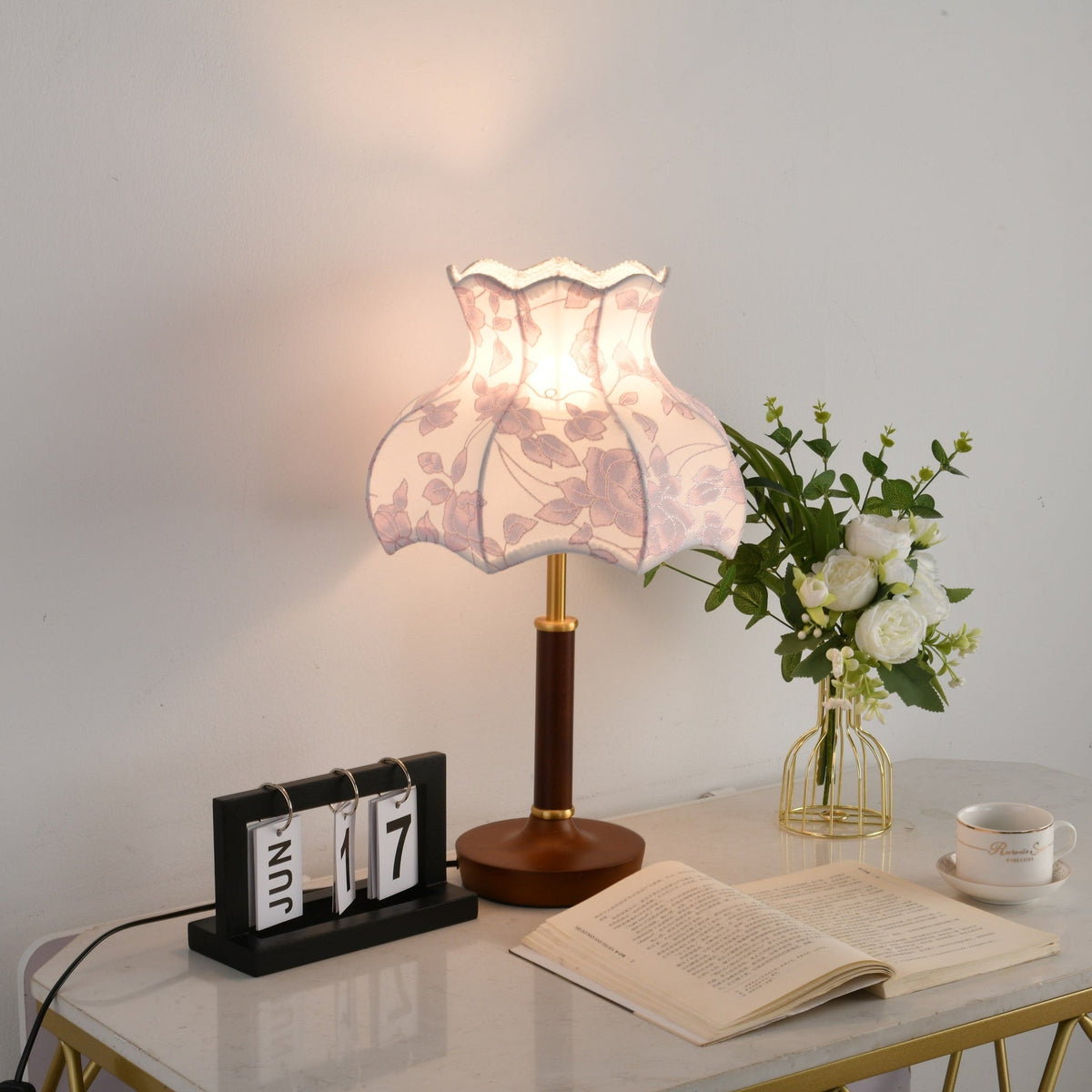 Florence Blossom Table Lamp – Walnut Wood & Fabric Designer Lamp