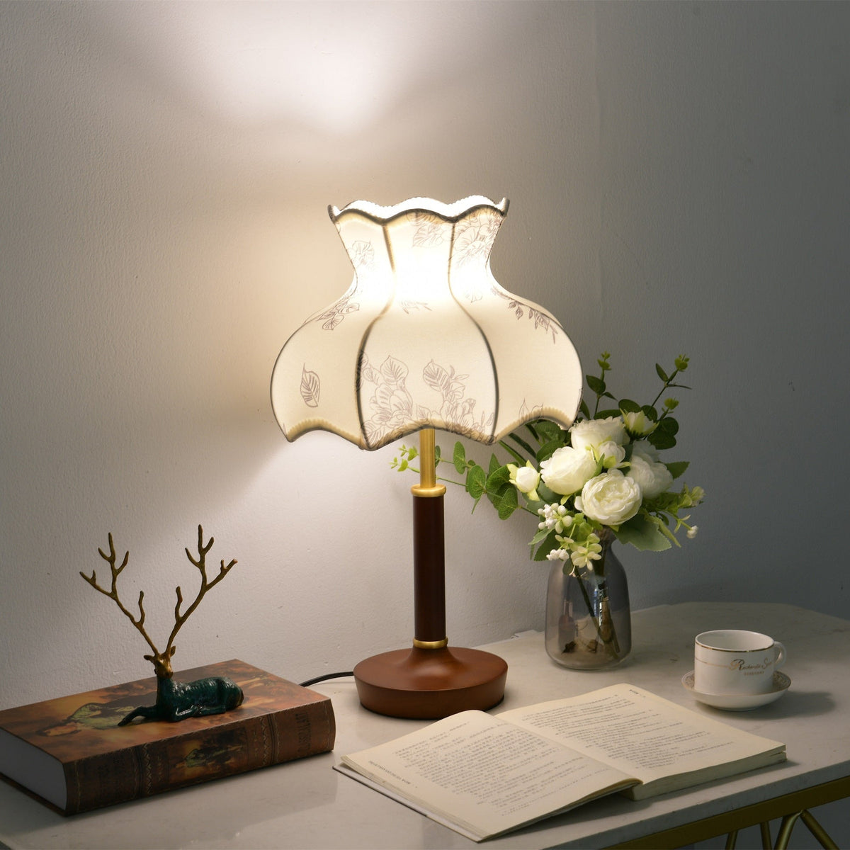 Florence Blossom Table Lamp – Walnut Wood & Fabric Designer Lamp