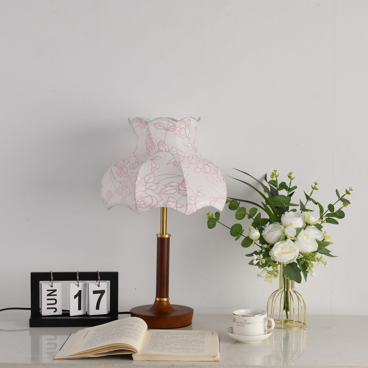 Florence Blossom Table Lamp – Walnut Wood & Fabric Designer Lamp