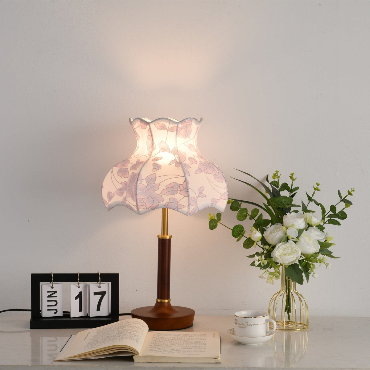 Florence Blossom Table Lamp – Walnut Wood & Fabric Designer Lamp