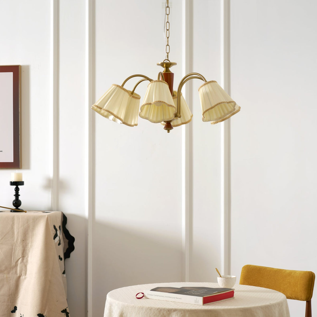 Bellora Bloom Floral Fabric Chandelier with Gold and Walnut Accents