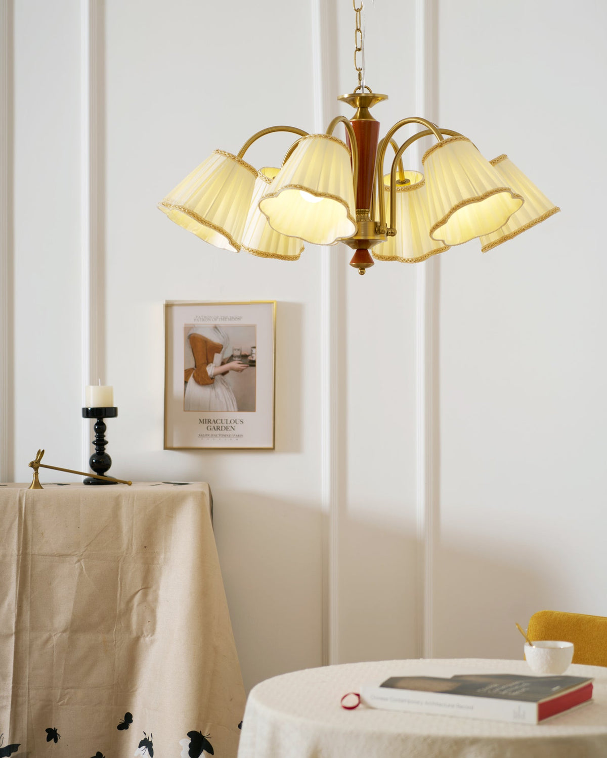 Bellora Bloom Floral Fabric Chandelier with Gold and Walnut Accents
