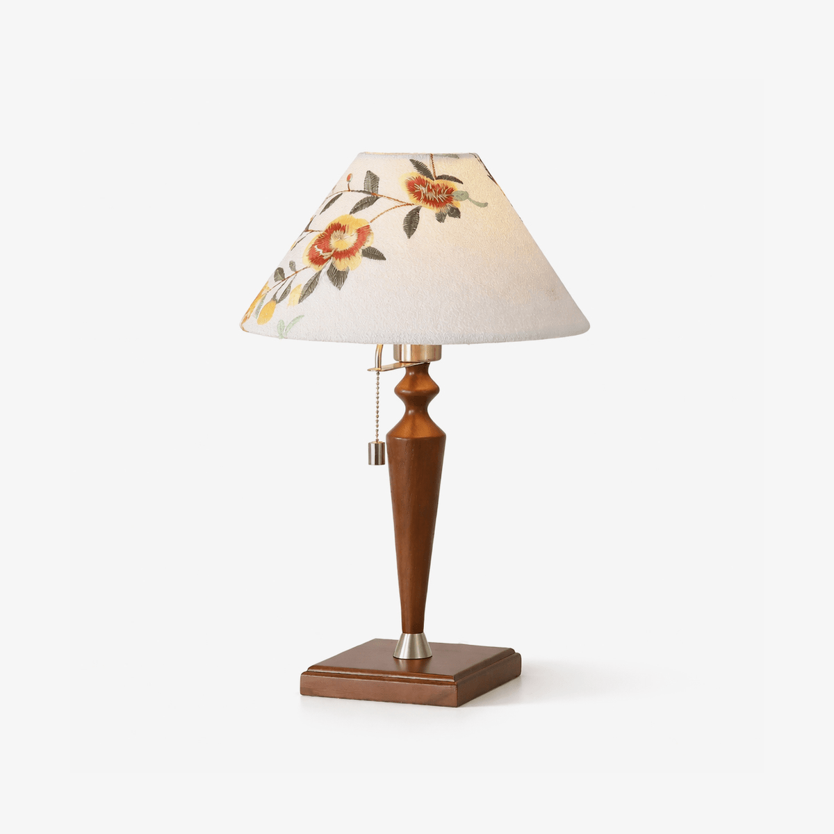 Florienne Table Lamp with Floral Fabric Shade and Walnut Wood Base