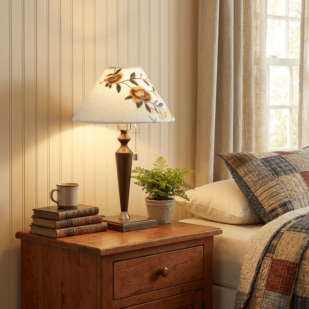 Florienne Table Lamp with Floral Fabric Shade and Walnut Wood Base