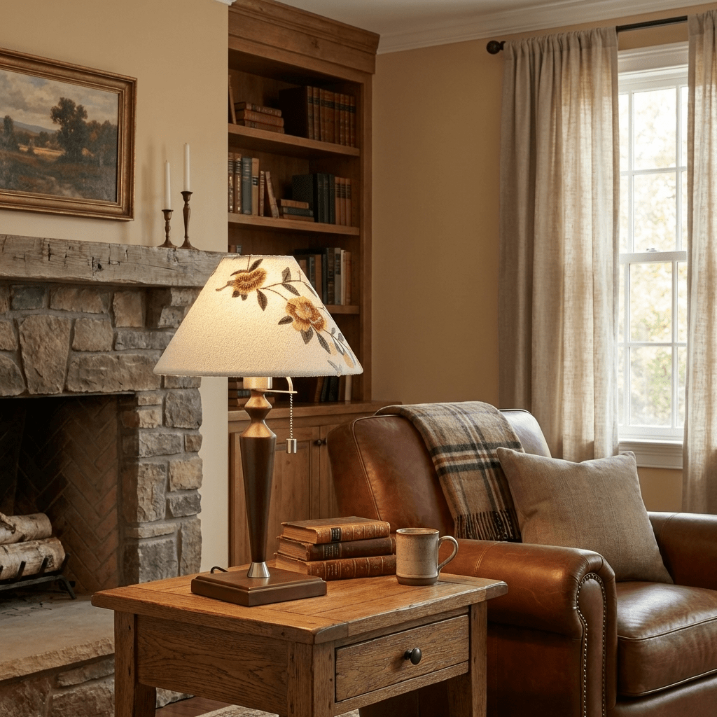 Florienne Table Lamp with Floral Fabric Shade and Walnut Wood Base