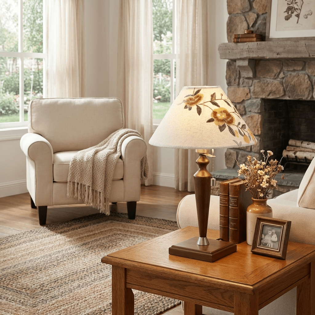 Florienne Table Lamp with Floral Fabric Shade and Walnut Wood Base