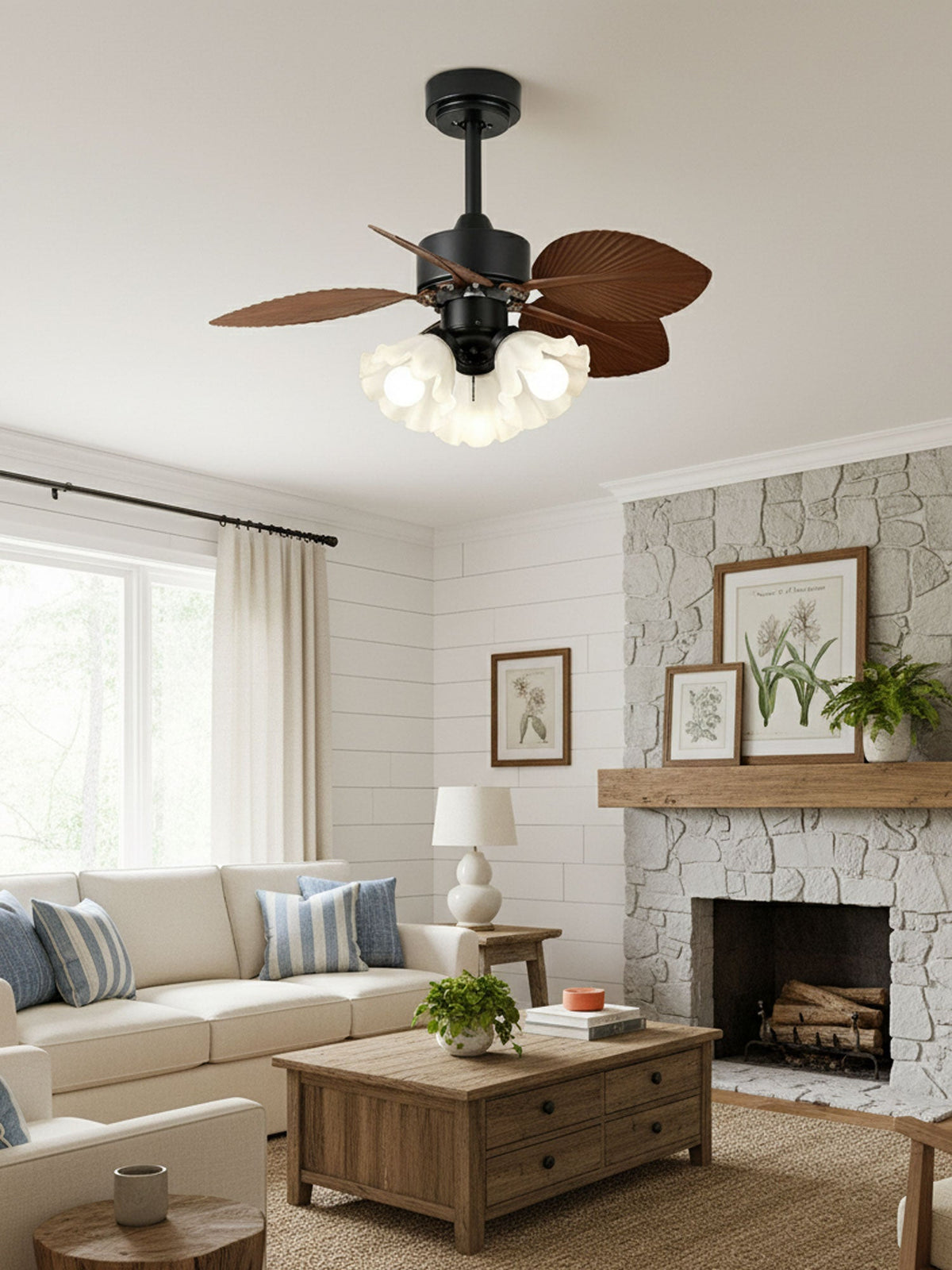 Floriva Leaf Ceiling Fan Light with Wood Blades and Frosted Glass Shade