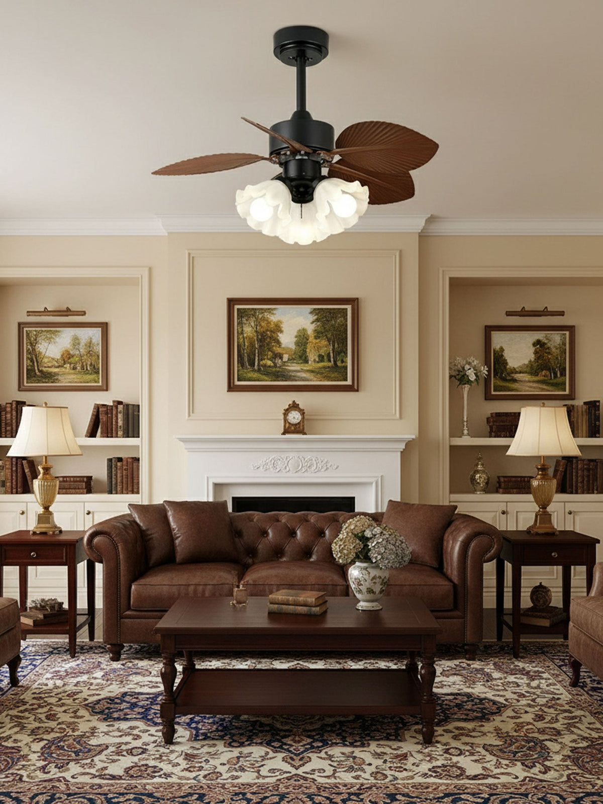 Floriva Leaf Ceiling Fan Light with Wood Blades and Frosted Glass Shade
