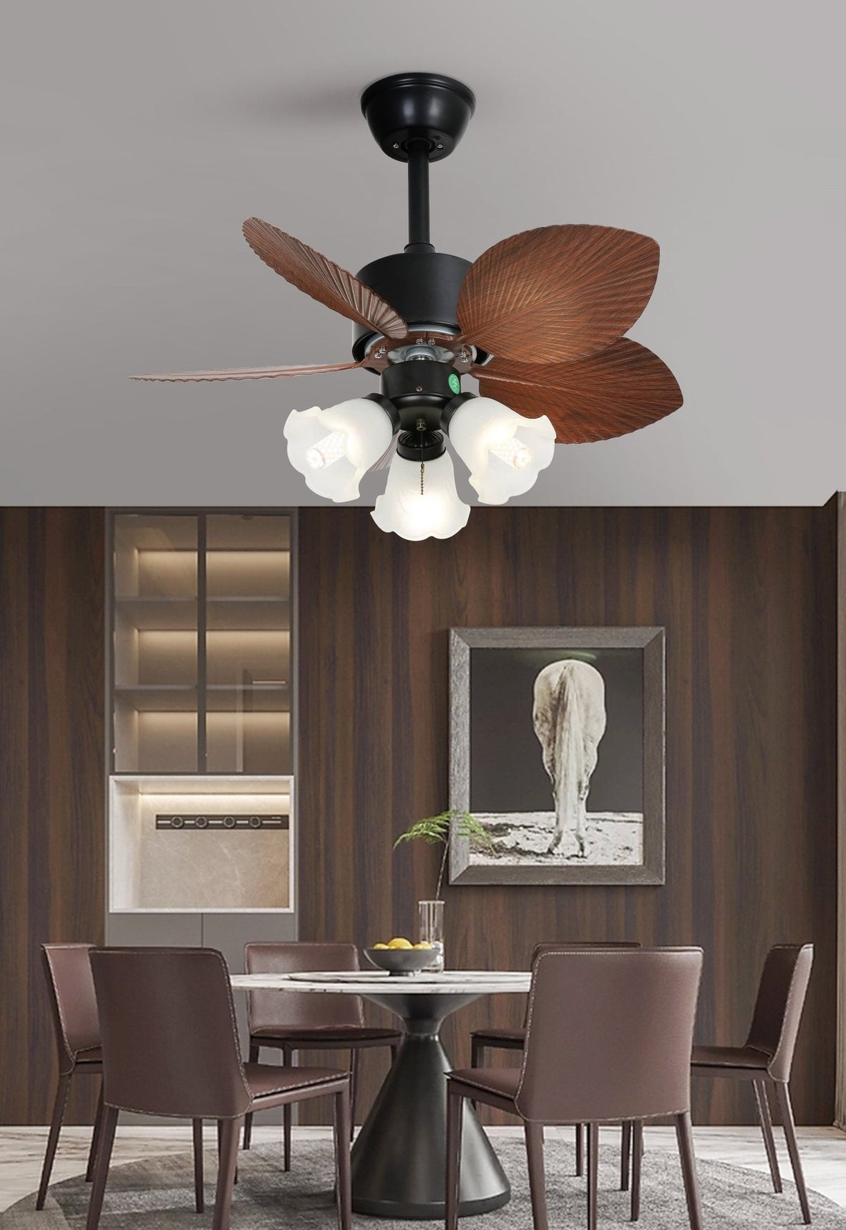 Floriva Blossom Ceiling Fan with LED Light, Walnut Wood Blades