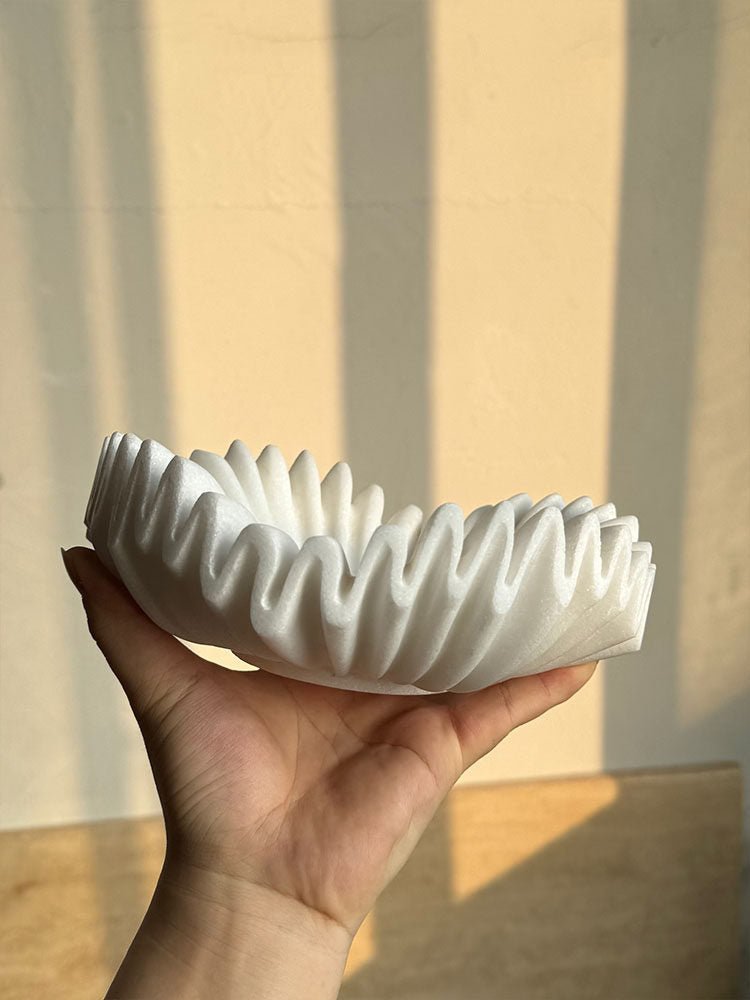 Fluted Marble Catchall Tray with Sculptural Fold Design