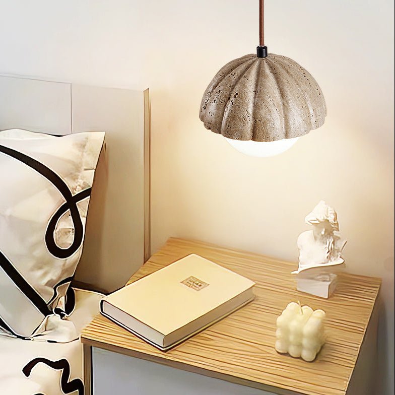 Fluted Travertine Orb Pendant Light with Glass Globe