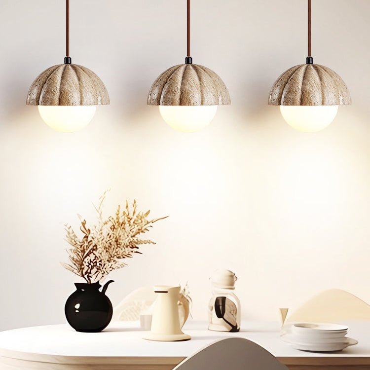 Fluted Travertine Orb Pendant Light with Glass Globe