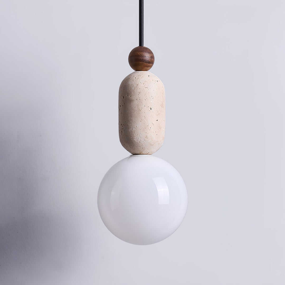 Forma Pendant Light in Walnut and Travertine with Opal Glass Globe