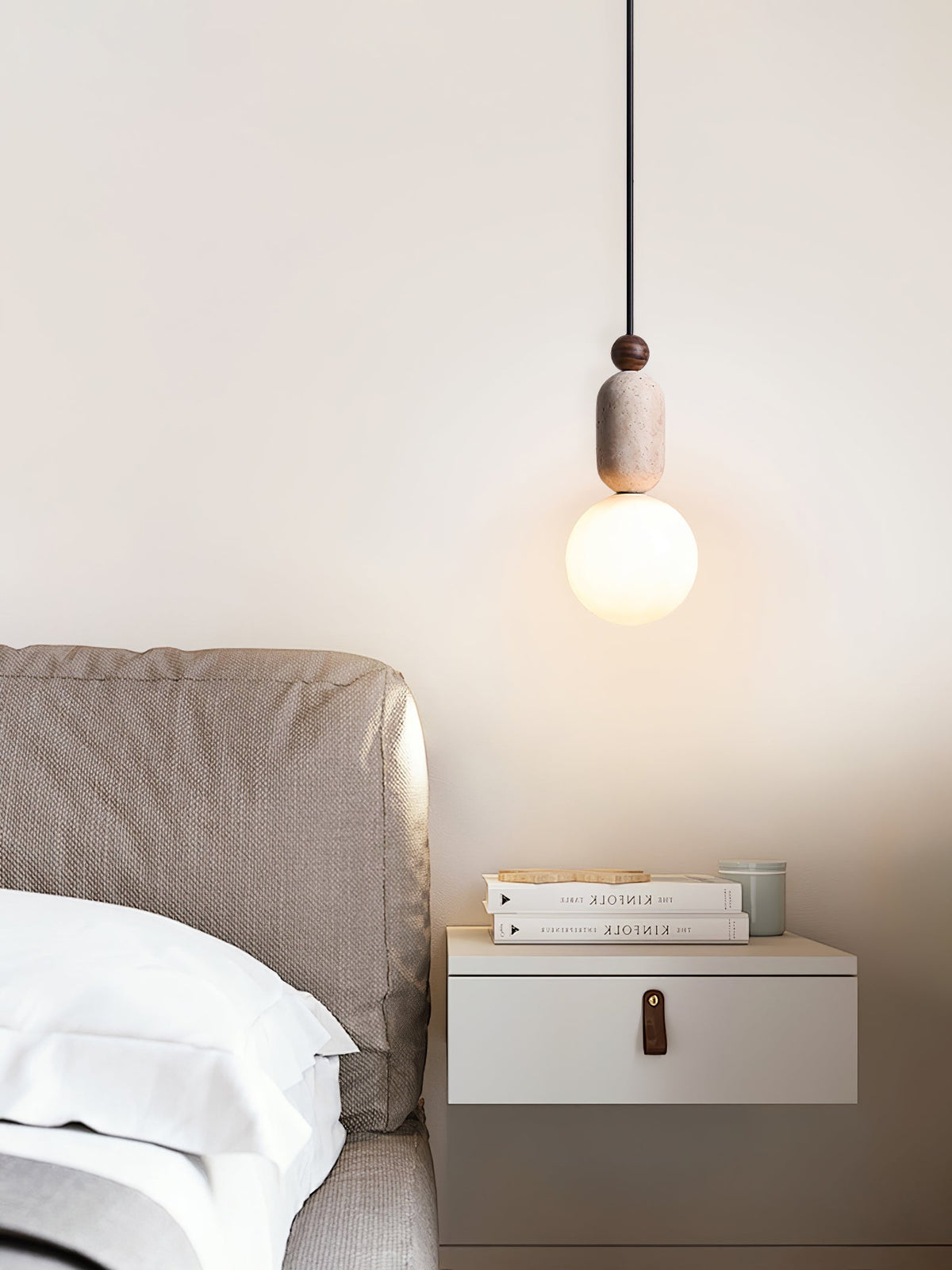Forma Pendant Light in Walnut and Travertine with Opal Glass Globe