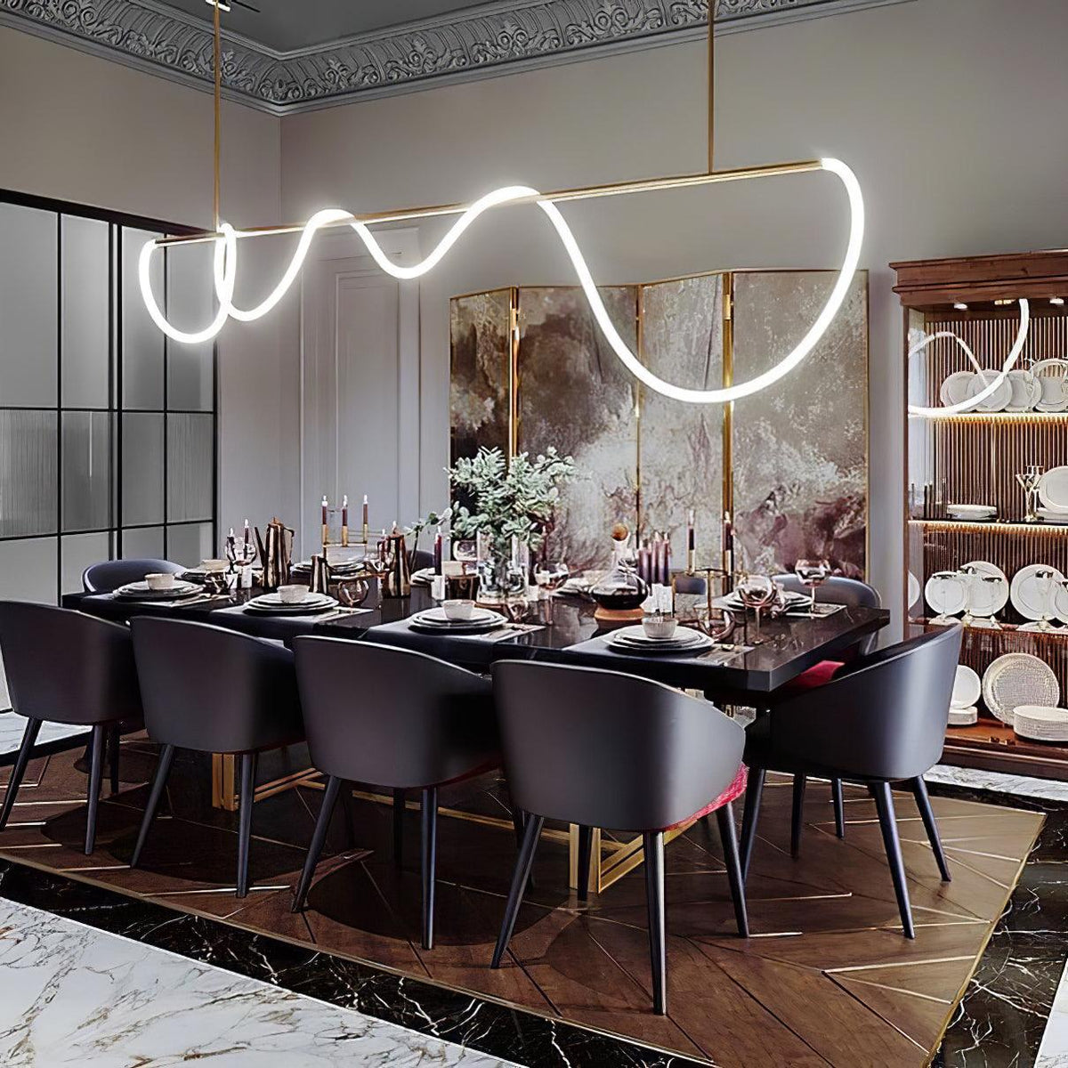 Sculptural Linear Curve LED Chandelier in Gold or Black