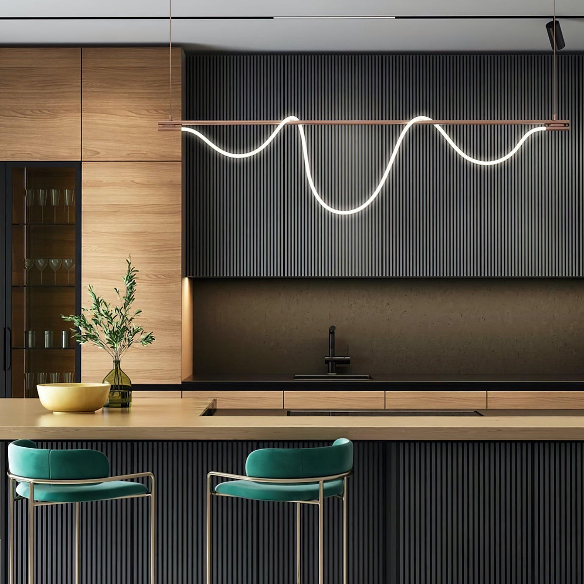 Sculptural Linear Curve LED Chandelier in Gold or Black