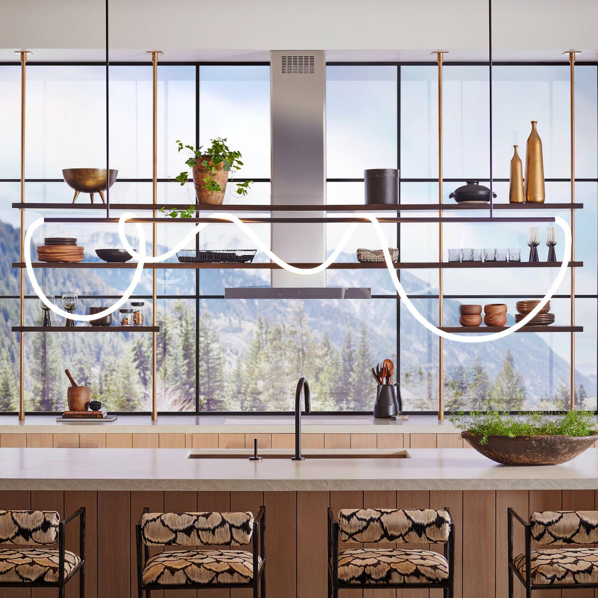 Sculptural Linear Curve LED Chandelier in Gold or Black