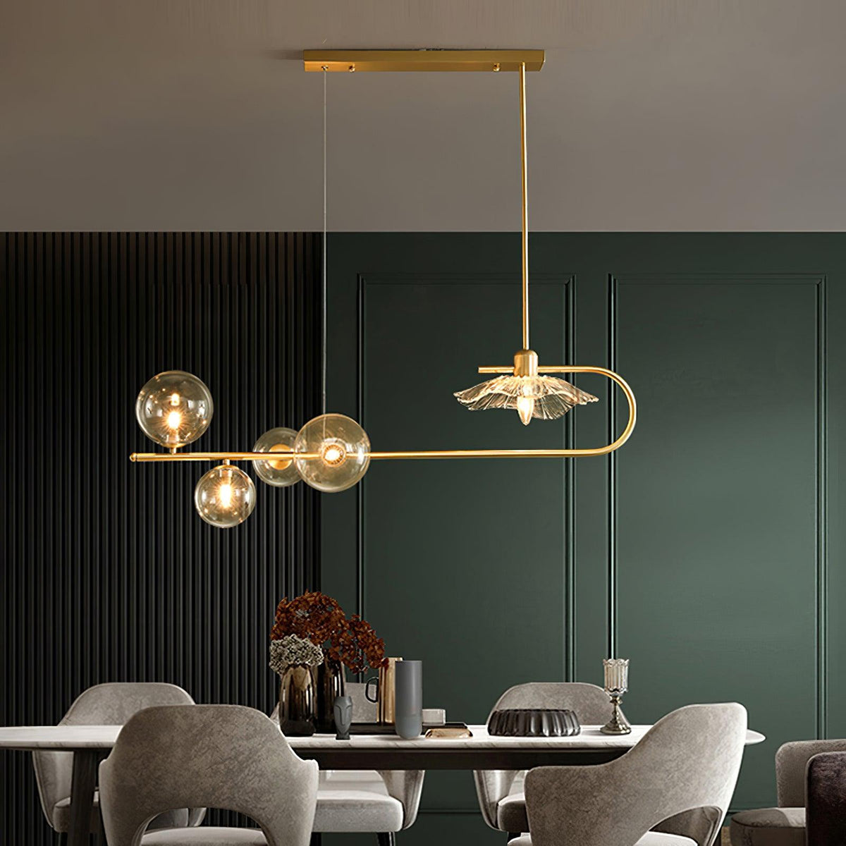 Fulesi Modern Glass Ball Linear Chandelier for Dining Room, Gold Finish