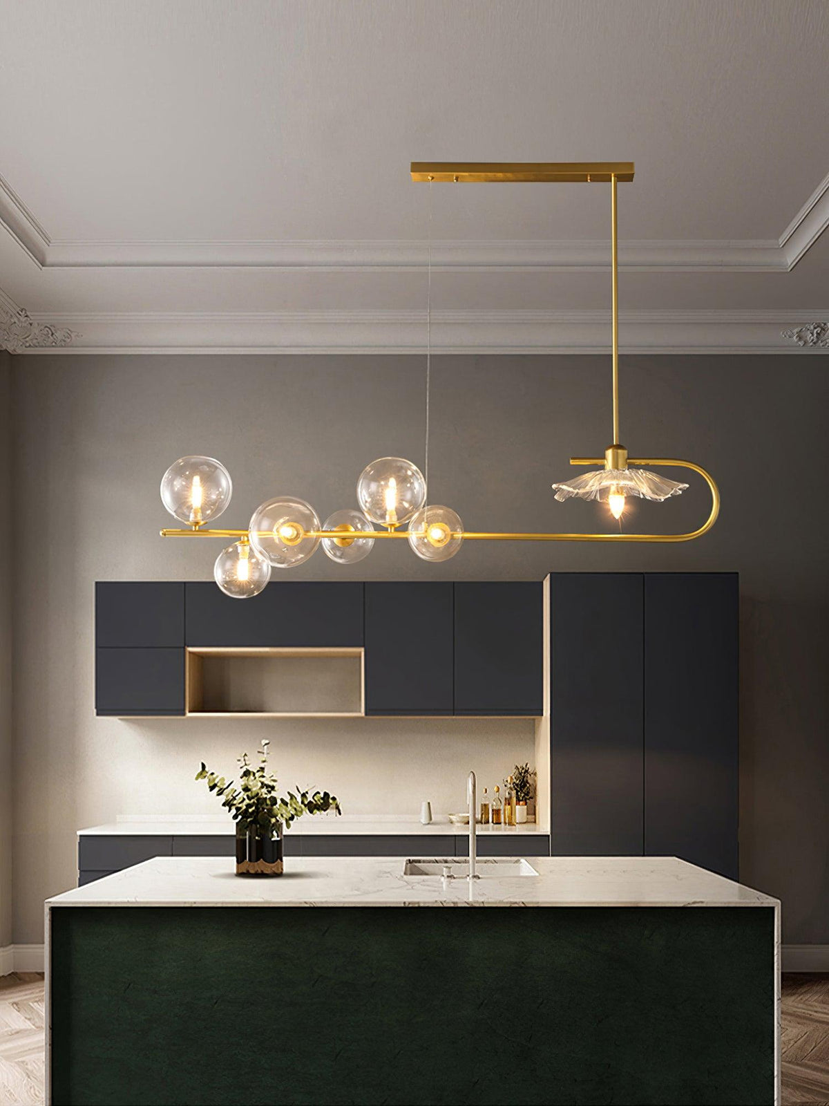 Fulesi Modern Glass Ball Linear Chandelier for Dining Room, Gold Finish