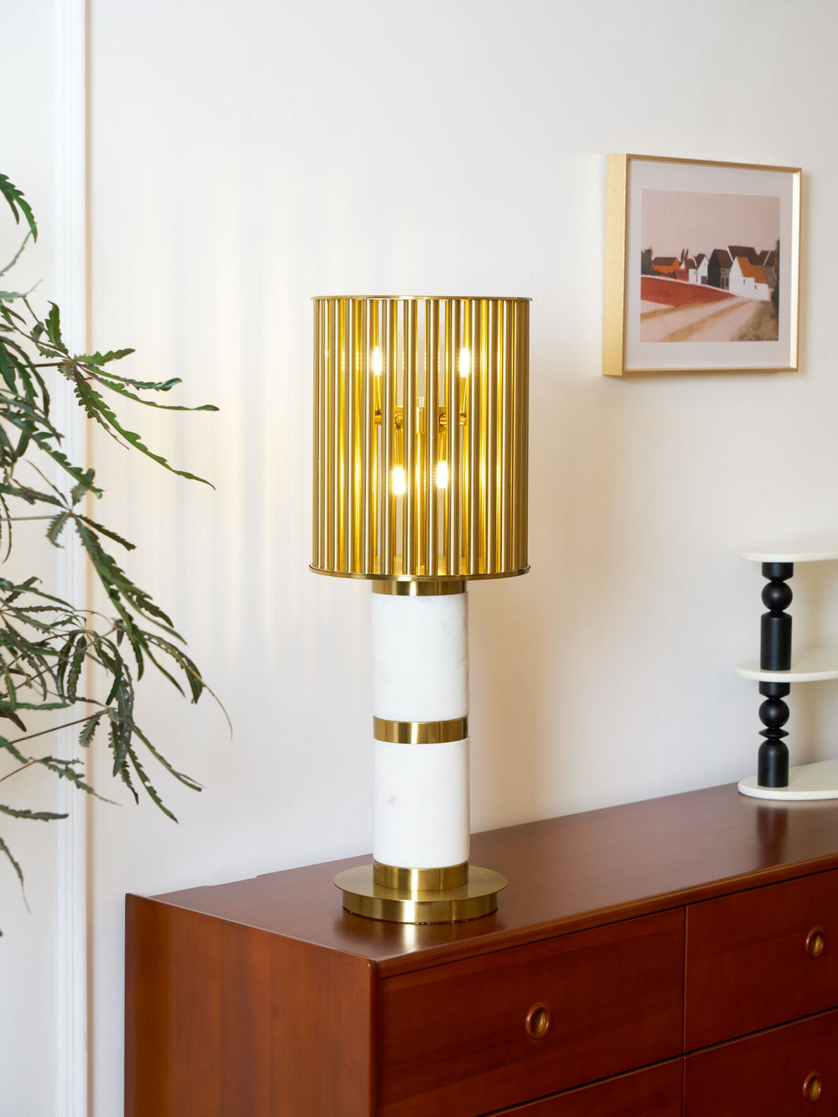 Gilded Cage Table Lamp – Sculptural White Marble & Gold Table Light