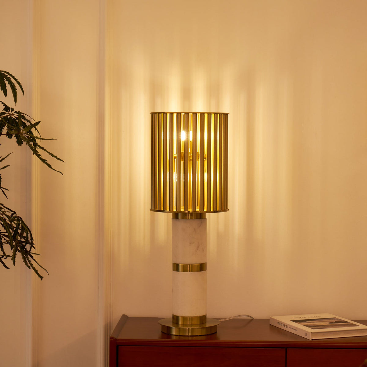 Gilded Cage Table Lamp – Sculptural White Marble & Gold Table Light