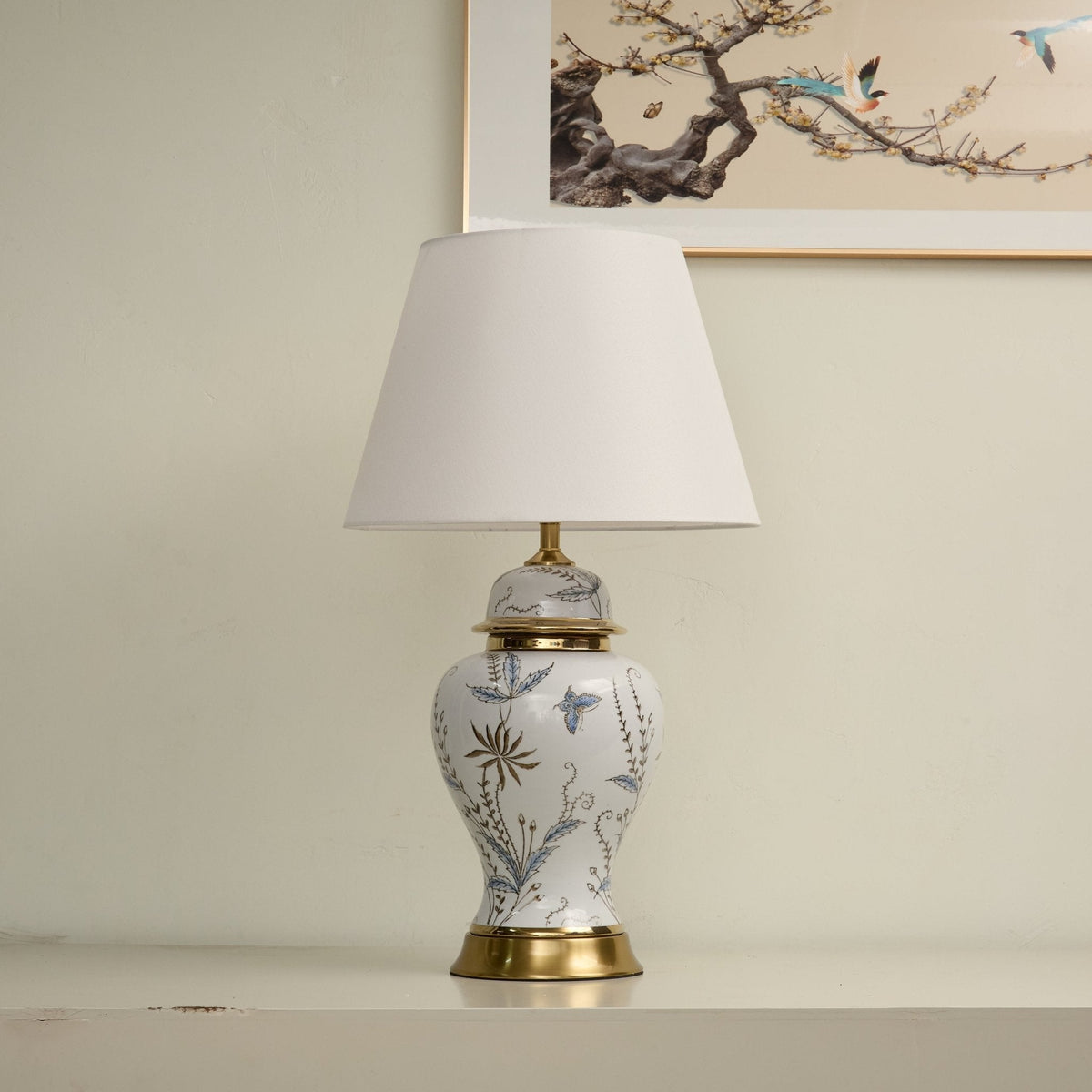 Gilt Accent Ceramic Table Lamp with Floral Motif Shade