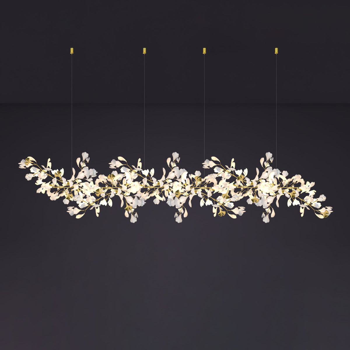 Gingko Leaves Linear Chandelier – Hand-Cast Porcelain Sculptural Pendant Light