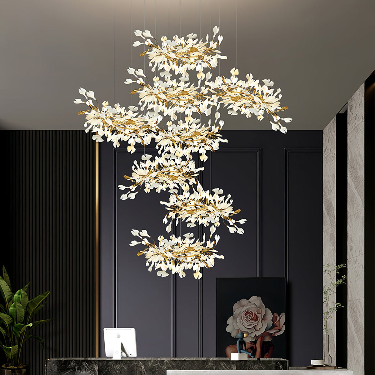 Gingko Leaves Linear Chandelier – Hand-Cast Porcelain Sculptural Pendant Light
