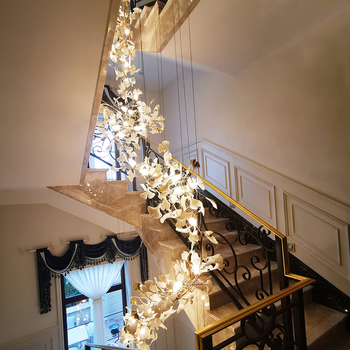 Gingko Leaves Linear Chandelier – Hand-Cast Porcelain Sculptural Pendant Light