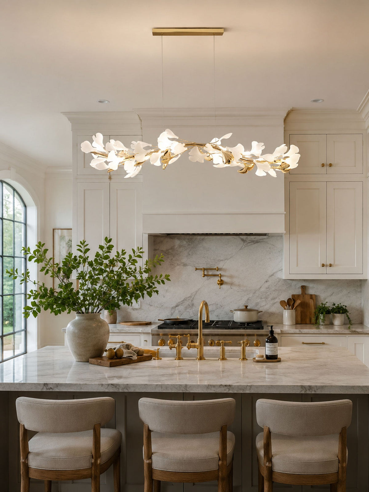 Gingko Garland Chandelier – Hand-Cast Porcelain Leaves in Brushed Gold