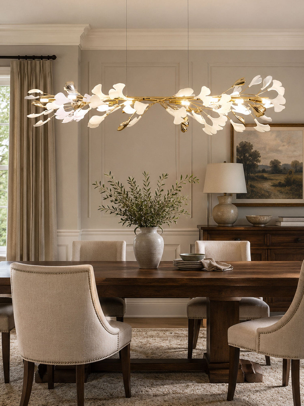 Gingko Garland Chandelier – Hand-Cast Porcelain Leaves in Brushed Gold