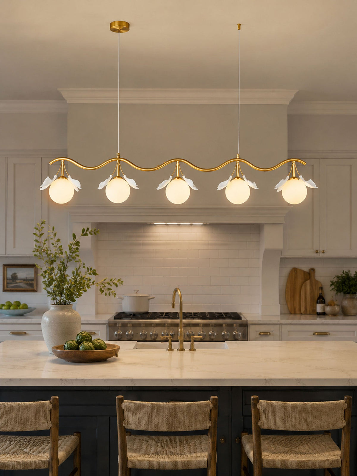 Gingko Orb Brass Chandelier with Porcelain Leaves and Glass Globes
