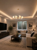 Gingko Orb Brass Chandelier with Porcelain Leaves and Glass Globes