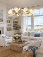 Gingko Orb Brass Chandelier with Porcelain Leaves and Glass Globes