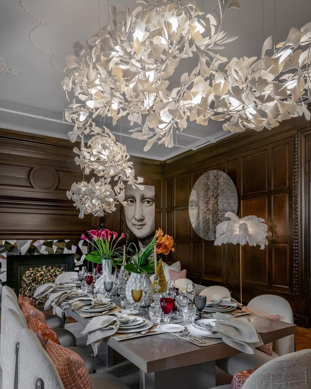 Gingko Leaves Linear Chandelier – Hand-Cast Porcelain Sculptural Pendant Light