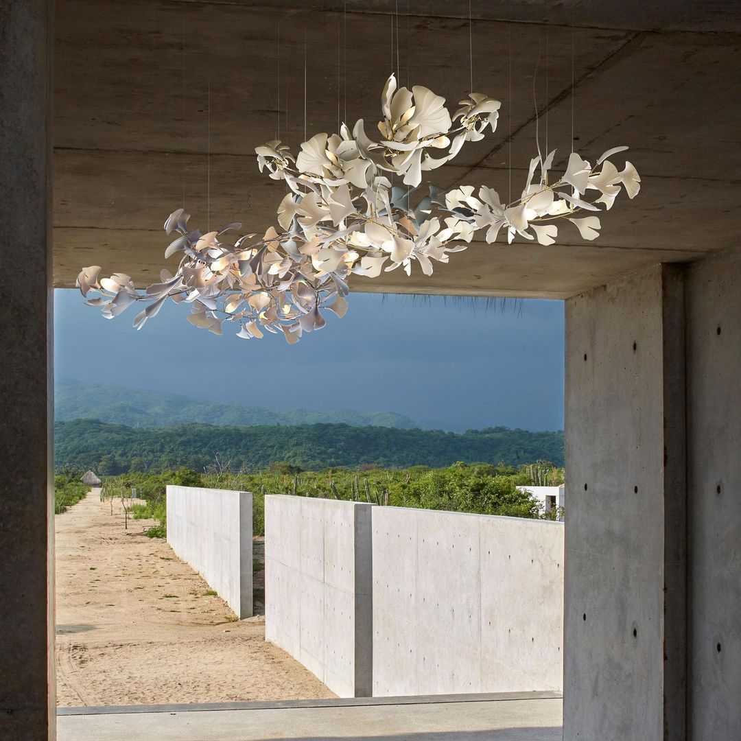 Gingko Leaves Linear Chandelier – Hand-Cast Porcelain Sculptural Pendant Light