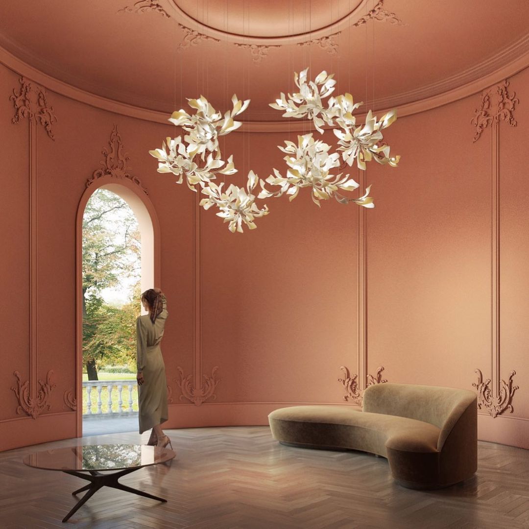 Gingko Leaves Linear Chandelier – Hand-Cast Porcelain Sculptural Pendant Light