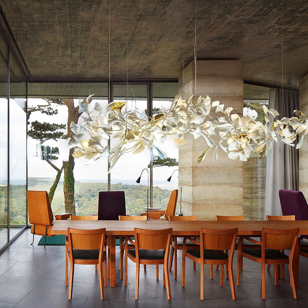 Gingko Leaves Linear Chandelier – Hand-Cast Porcelain Sculptural Pendant Light