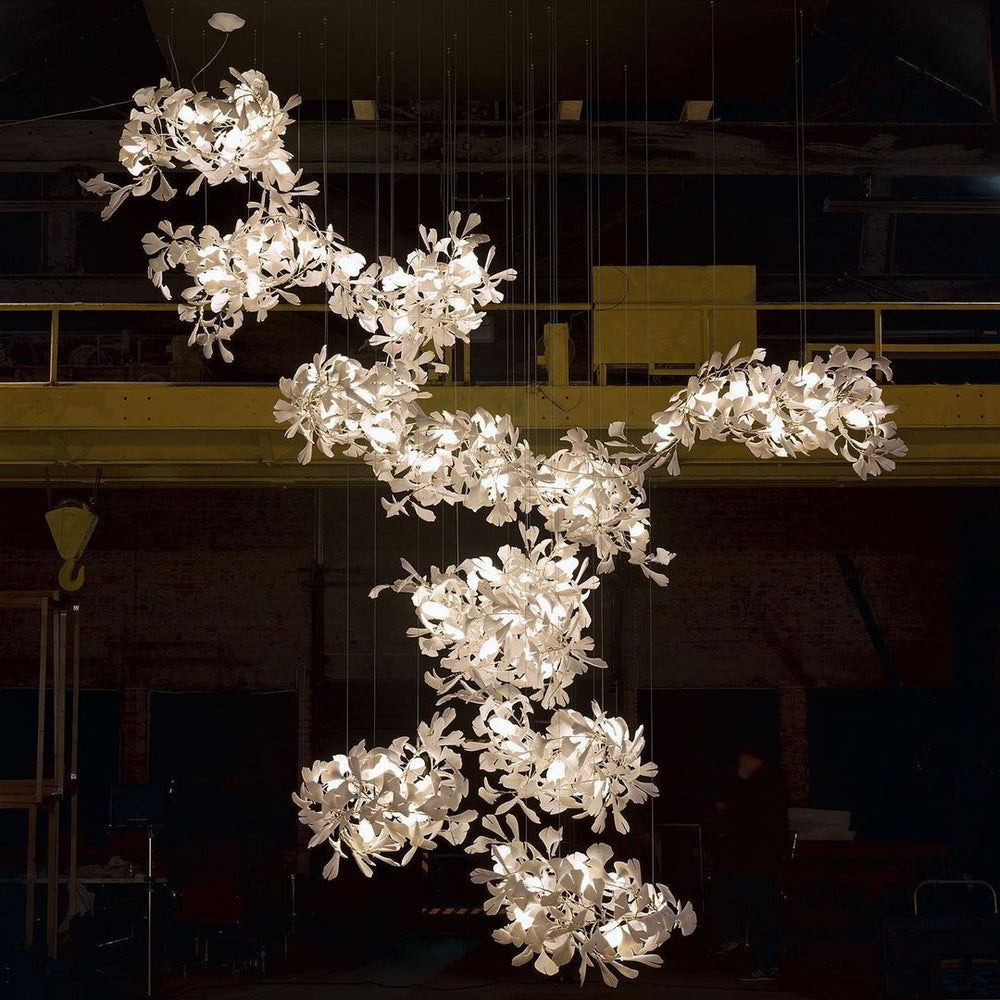 Gingko Leaves Linear Chandelier – Hand-Cast Porcelain Sculptural Pendant Light