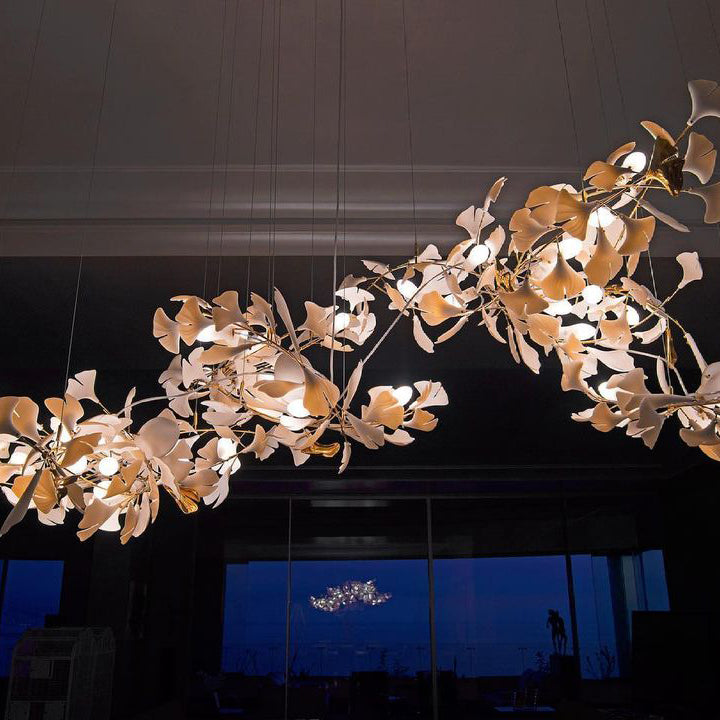 Gingko Leaves Linear Chandelier – Hand-Cast Porcelain Sculptural Pendant Light