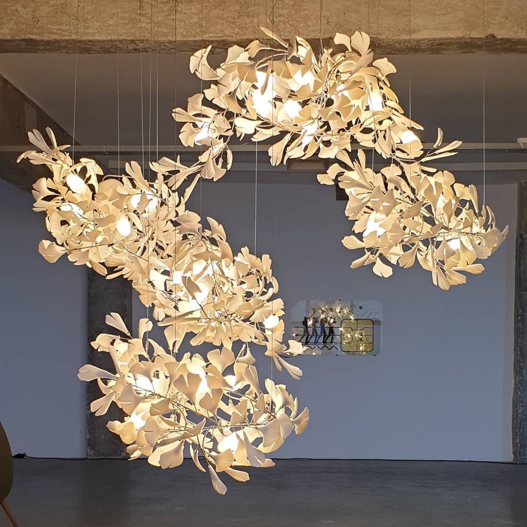 Gingko Leaves Linear Chandelier – Hand-Cast Porcelain Sculptural Pendant Light