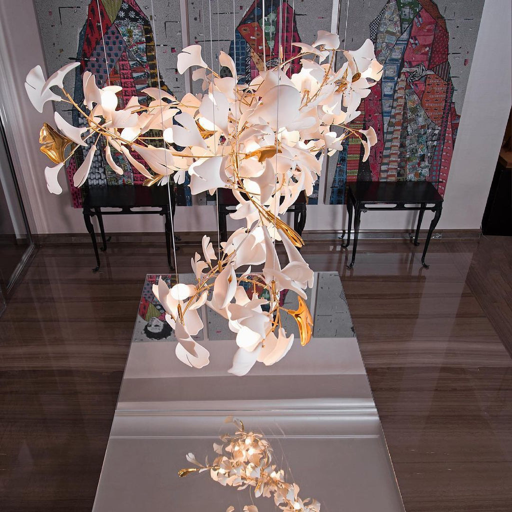 Gingko Leaves Linear Chandelier – Hand-Cast Porcelain Sculptural Pendant Light