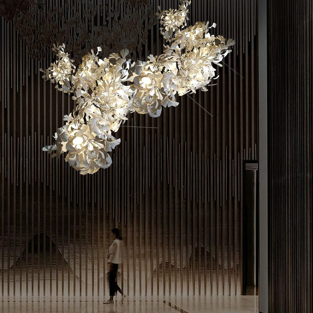 Gingko Leaves Linear Chandelier – Hand-Cast Porcelain Sculptural Pendant Light