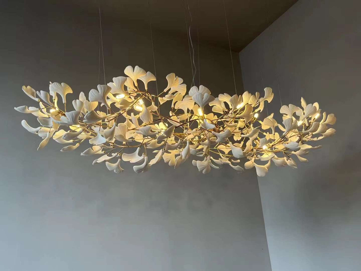 Gingko Leaves Linear Chandelier – Hand-Cast Porcelain Sculptural Pendant Light